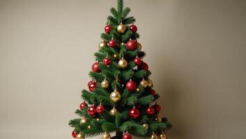 A Christmas tree adorned with numerous bright ornaments featuring both gold and red decorations for a festive New Year display photo