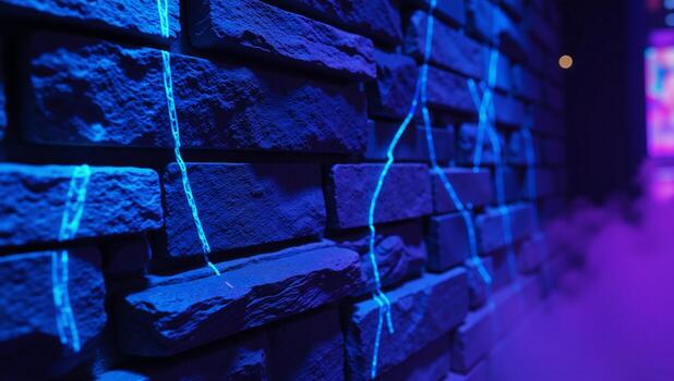 A glowing modern night scene featuring a neonlit stone wall at a lively club or party setting photo