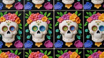 A vibrant colorful sugar skull flowerpatterned tile design for Day of the Dead Da de los Muertos photo