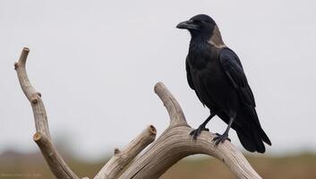 A raven perched majestically upon a tree limb photo