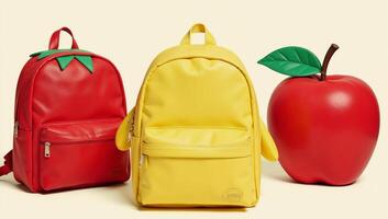 Set of three fruitthemed backpacks strawberry banana apple for kids each item displayed individually photo