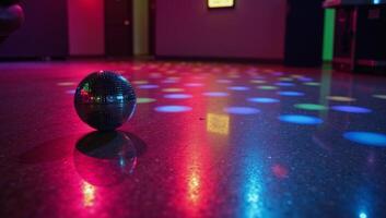 A vibrantly reflected disc ball illuminates an empty colorful 80sstyle disco dancefloor photo