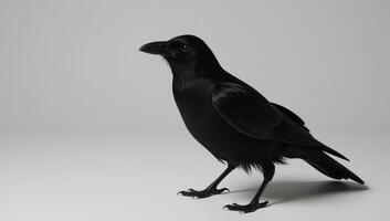 A striking portrait showcases an ominouslooking black raven with detailed feathers and beady eyes photo