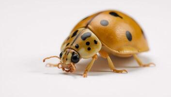 Closeup portrait of a golden ladybug against a pure white background photo