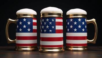Celebration scene featuring three illuminated American Flag beer mugs against a dark backdrop in an illustrative style with festive designs rendered at ultrahigh resolution photo