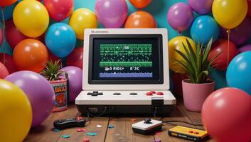 Retro gaming pattern vibrant birthday party theme photo