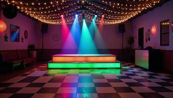 Vibrant disco room featuring checkered floor starry lights photo
