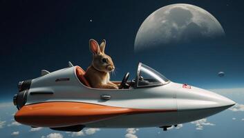 A whimsical illustration depicts a rabbit piloting a spaceship towards the moon photo