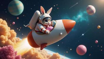 Launch Easter fun Bunny Astronaut in space on an eggrocket photo