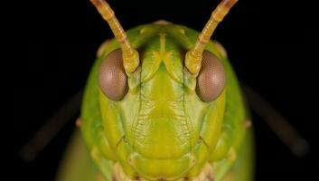 Closeup portrait of an extremely detailed yellowishgreen grasshopper with emphasis on its complex compound eyes and antennae photo
