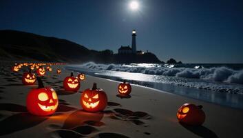 A moonlit midnight scene featuring Halloweenthemed decorations along a spooky beach at nighttime photo
