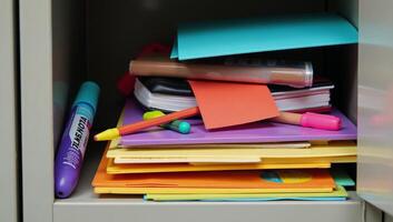 A vibrant display of personal items filling up a standard school locker photo