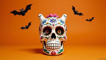 A whimsical sugar skull adorned with flowers foliage features a playful ghost atop an orange backdrop teeming with bats photo