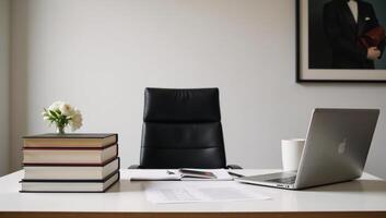 Modern attorney workspace featuring desktop essentials legal books laptop papers photo