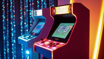 A neonlit retro arcade game machine stands against a glittering background photo