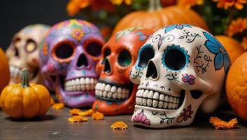Colorful Day of the Dead sugar skulls surrounded by pumpkins photo