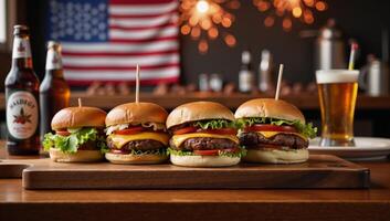 4th of July burger scene in a festive pub setting with BBQ flags beer fireworks during Independence Day celebrations photo