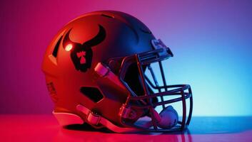 Closeup image of a vibrant sporty football helmet on a gradient background photo