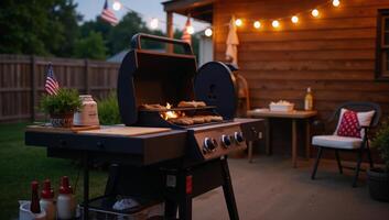 A vibrant Fourth of July grilling scene set in an American backyard highlighted by strings of lights a fire pit and patriotic decor photo