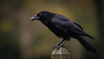 Dramatic image Black raven on spooky fencepost photo