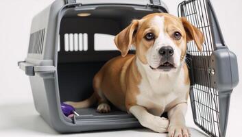 Isolated anxious dog in pet carrier against a white backdrop before its vet visit Adequate Space photo