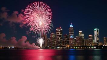 Vivid firework display illuminating downtown Houston during twilight celebrations photo