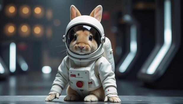 Adorable spacesuited bunny symbolizing curiosity adventure exploration of the unknown and the future photo