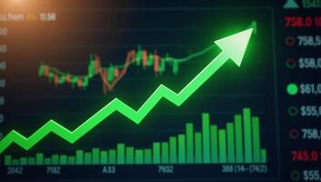 Radiant green upwardfacing arrow on dynamic financial dashboard signifies economic growth photo