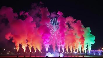 Vibrant nighttime light spectacle amidst an atmospheric backdrop of colored smoky effects photo