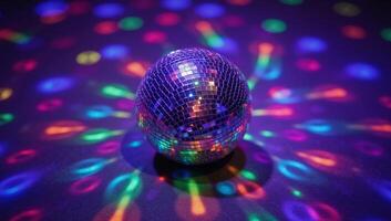 Glowing disco ball surrounded by multicolored light displays photo