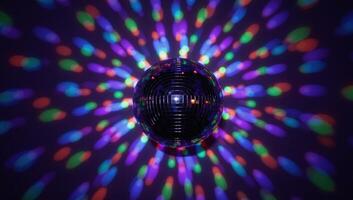 A glittery disco ball surrounded by vibrant disco lights photo