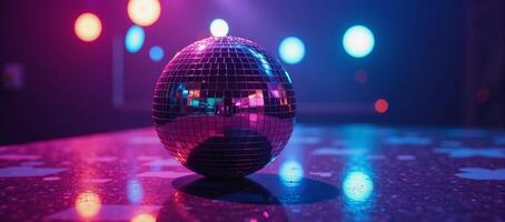 A glittering purple disco ball surrounded by colorful disco lights photo
