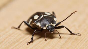 A closeup image showcases the distinctive features of a Brown Marmorated Stink Bug its Hercules Beetlelike body with white markings bulging eyes and ridged exoskeleton resting upon a light wooden photo