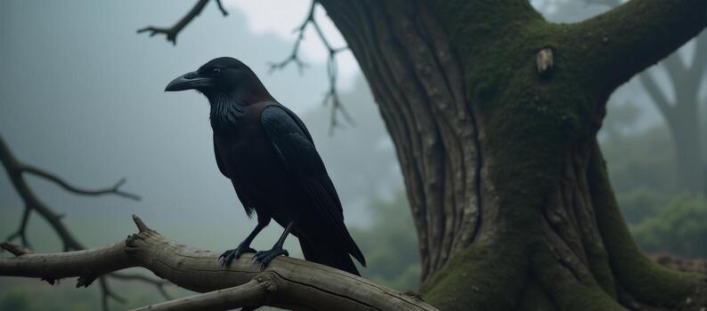 A raven perches ominously in a misty forest photo