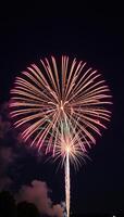 Night sky showcases a vibrant Fourth of July firework display over a bustling cityscape backdrop photo
