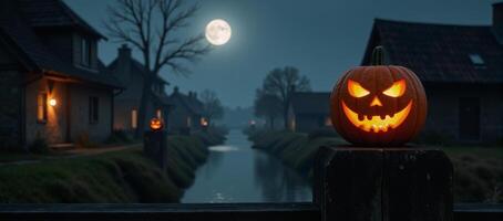 Spooky Halloween scene Glowing pumpkins jackolanterns light up an ancient village with a haunting ambiance the full moon casts eerie shadows on a foggy riverbank photo