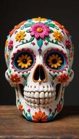 Traditional sugar skull decorated with flowers for Day of the Dead rendered as a detailed 3D illustration photo