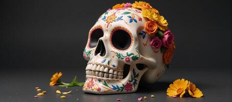 Traditional sugar skull decorated with flowers for Day of the Dead rendered as a detailed 3D illustration photo