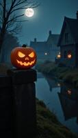 Spooky Halloween scene Glowing pumpkins jackolanterns light up an ancient village with a haunting ambiance the full moon casts eerie shadows on a foggy riverbank photo