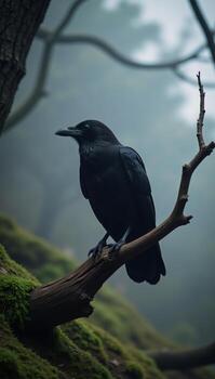 A raven perches ominously in a misty forest photo