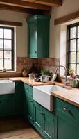 Rustic kitchen illustration featuring green cabinets white sink and wooden countertop photo
