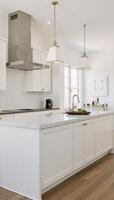 Modern contemporary kitchen scene showcasing white and cream materials in a 3D render photo