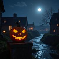 Spooky Halloween scene Glowing pumpkins jackolanterns light up an ancient village with a haunting ambiance the full moon casts eerie shadows on a foggy riverbank photo