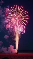 A retrostyle firework show featuring vibrant glowing neon colors against a backdrop of futuristic neon lights photo