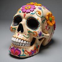 Traditional sugar skull decorated with flowers for Day of the Dead rendered as a detailed 3D illustration photo