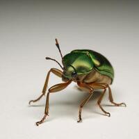 Closeup illustration depicts a green June beetle against a plain backdrop photo