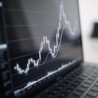 Widescreen abstract financial chart depicting uptrend with candlesticks against blackwhite backdrop Business Stock photo