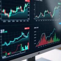 Digital display featuring upwards trending financial market data with an integrated focus on financial analysis photo