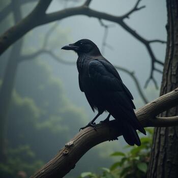 A raven perches ominously in a misty forest photo