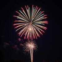 Night sky showcases a vibrant Fourth of July firework display over a bustling cityscape backdrop photo